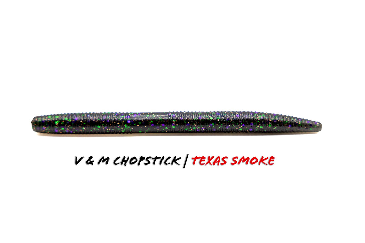 Soft Plastic V & M Baits Chopstick Wacky Worm - Weightless Straight Tail 5" / Texas Smoke Weightless Wacky Worm for Pressured Bass in Clear Water