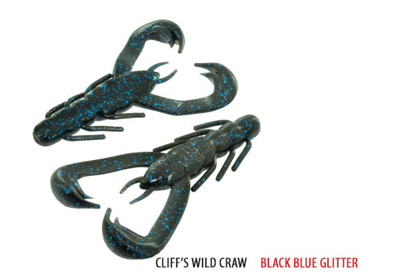 Soft Plastic V & M Baits Cliff's Wild Craw - J-Claw Flipping Trailer Wild Craw / Black Blue Glitter J-Claw Flipping Craw for Bass in Thick Mats and Brush