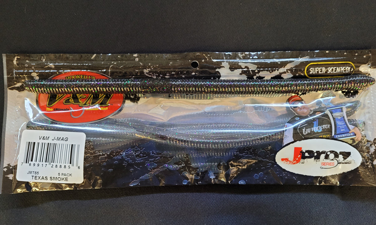 Soft Plastic V & M Baits J-Mag 10.5" Finesse Worm J-Mag 10.5" / Texas Smoke 10.5 Inch Magnum Finesse Worm for Big Bass on Offshore Ledges