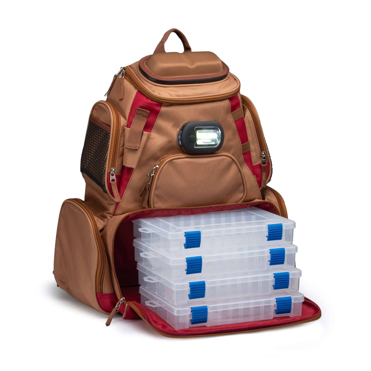 Tackle Backpack VEXAN® Fishing Tackle Backpack w/ Removable LED Light + 4×3600 Trays Tan & Burgundy Fishing Tackle Backpack w/ LED Light + Trays – Pescador Fishing Supply