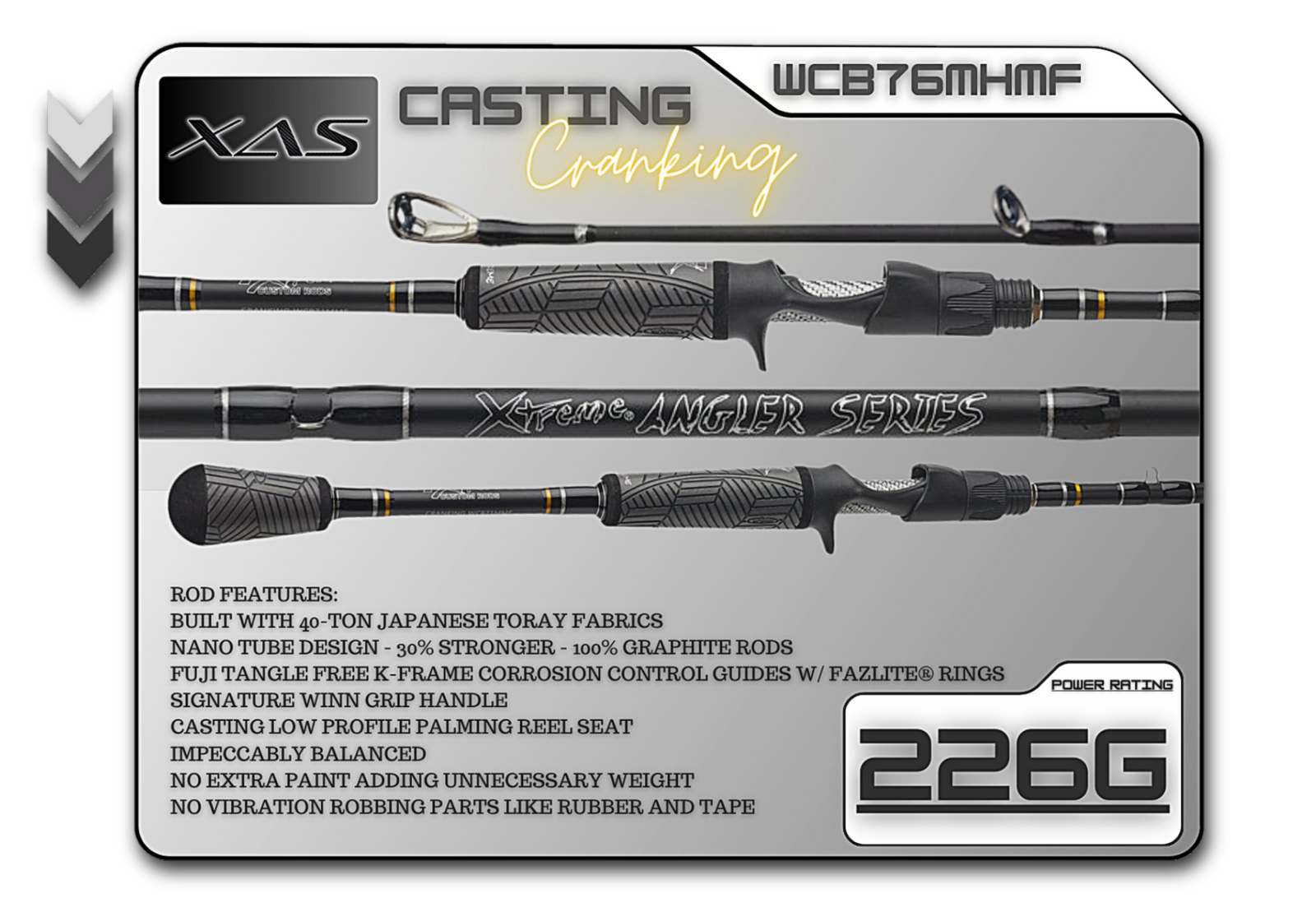 Long casting cranking rod for deep divers and rattle traps