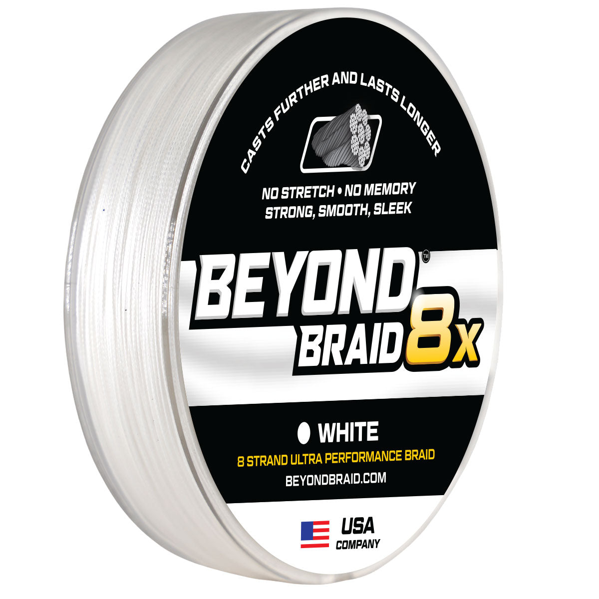 Beyond Braid White 8X braided fishing line spool close-up
