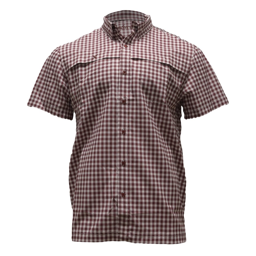 Fishing Shirt Xotic Camo & Fishing Gear Short Sleeve Patterned Lifestyle Button Down w/ REPEL-X Maroon/White Gingham / S Xotic Camo & Fishing Gear Short Sleeve Patterned Lifestyle Button Down w/ REPEL-X